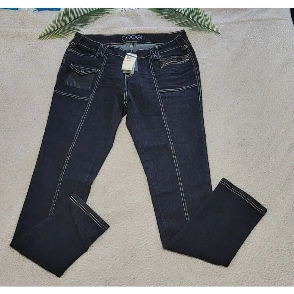 Coogi Women's Skinny Jeans Denim Faux Leather Pocket Blue Size 14W NEW with Tags